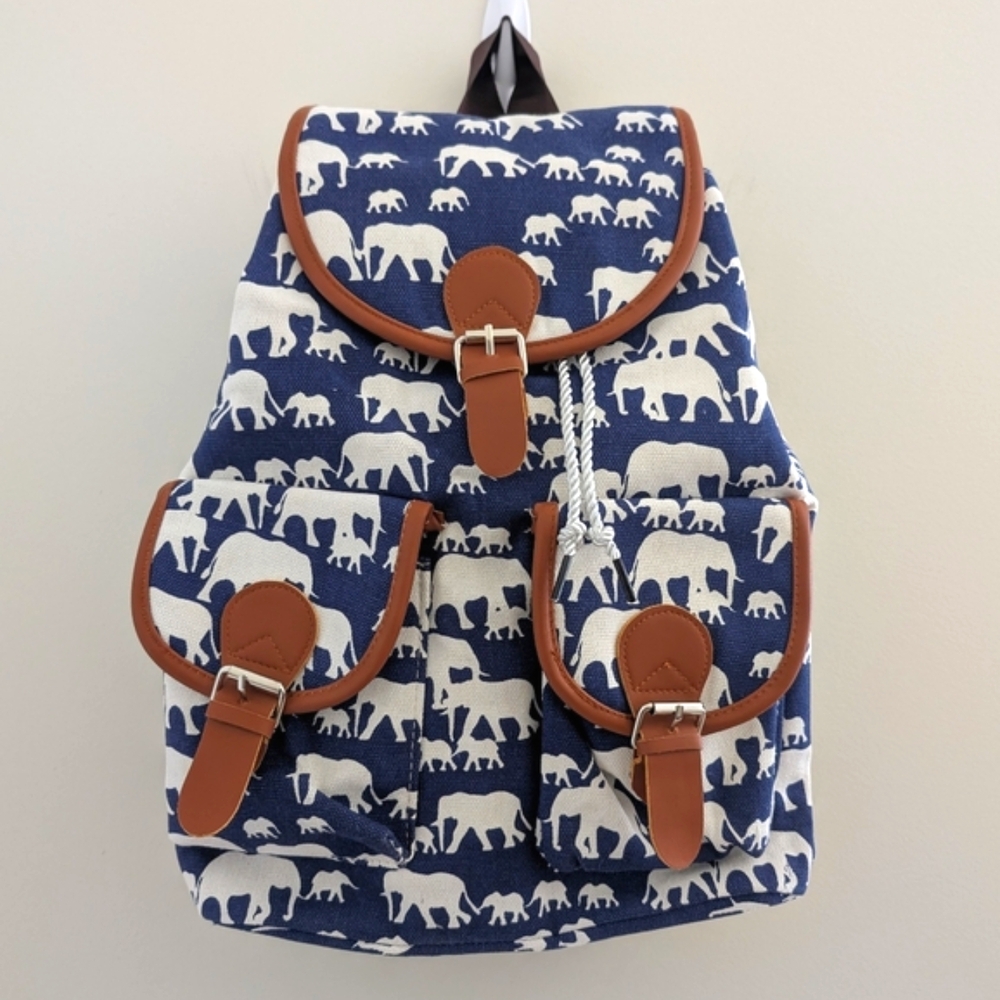 NEW Elephant Print Canvas Backpack Lifestyle Thailand Thai Asian Baby Elephants